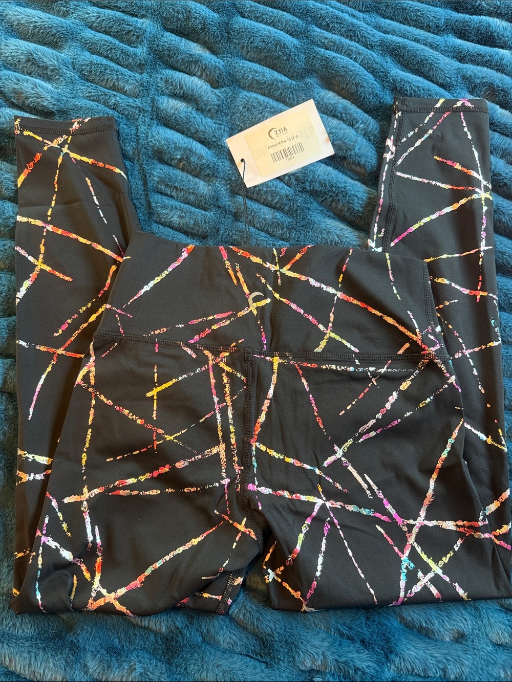 ZYIA Black Leggings Women’s size 4 Abstract with Neon Scribble Stripe Print